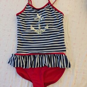 Magic Navy and White Striped Kids Swim One Piece
